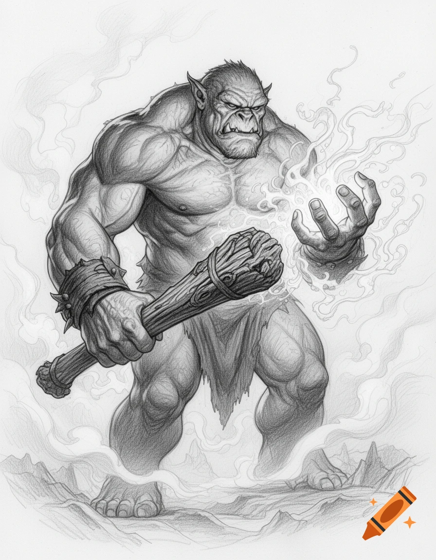 A muscular ogre in a detailed pencil sketch, holding a wooden club in one hand and casting glowing magic from the other.