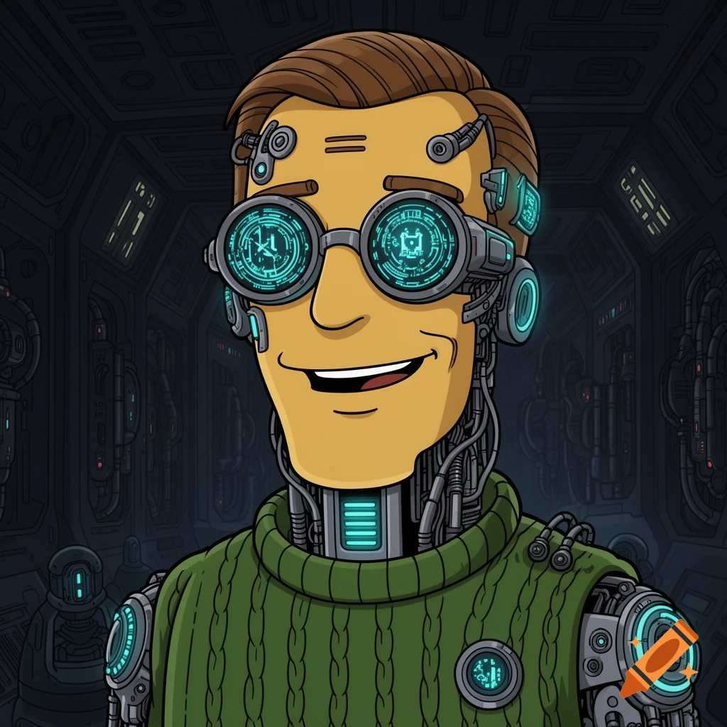 Cartoon portrait of a man, resembling Ned Flanders, as a cyborg with glowing blue goggles, wires, and mechanical parts, wearing a green sweater.