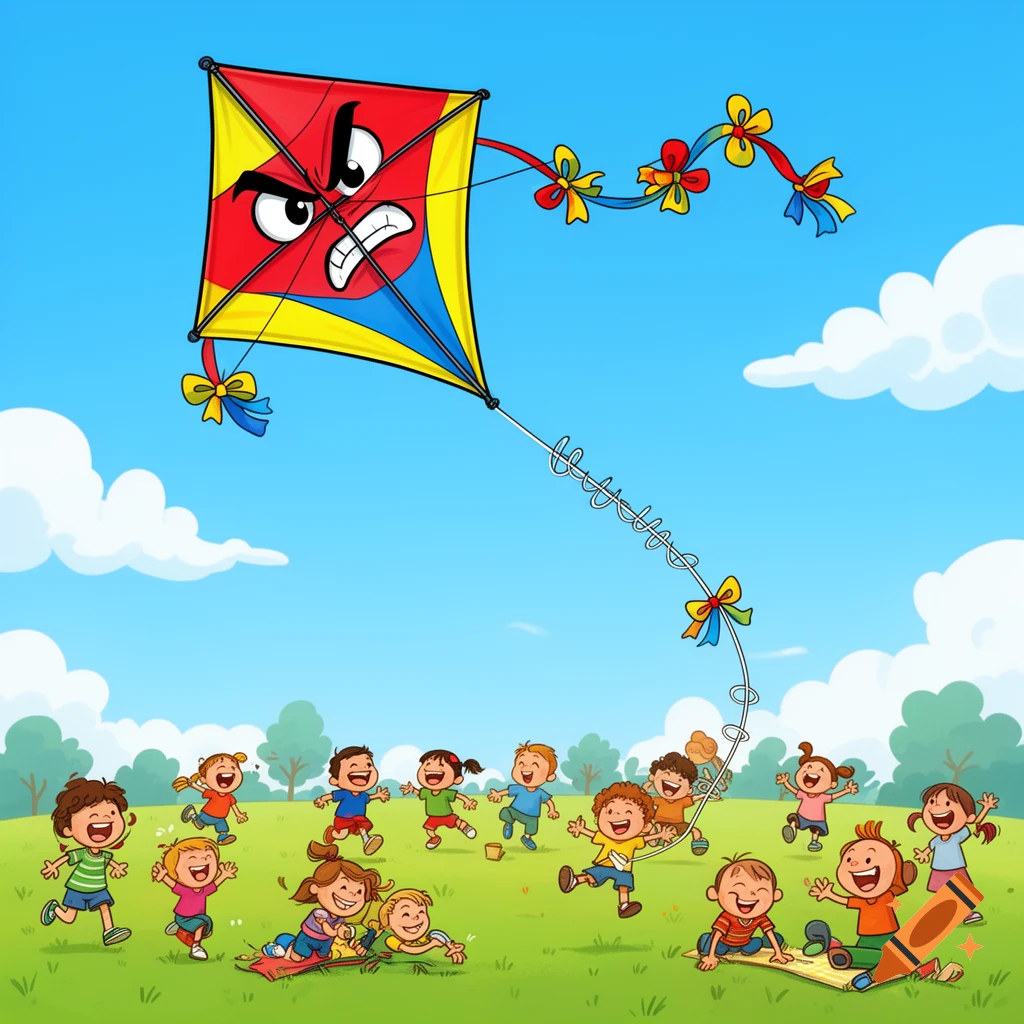 Cartoon illustration of an angry kite flying high above a group of happy children playing in a sunny, green field.