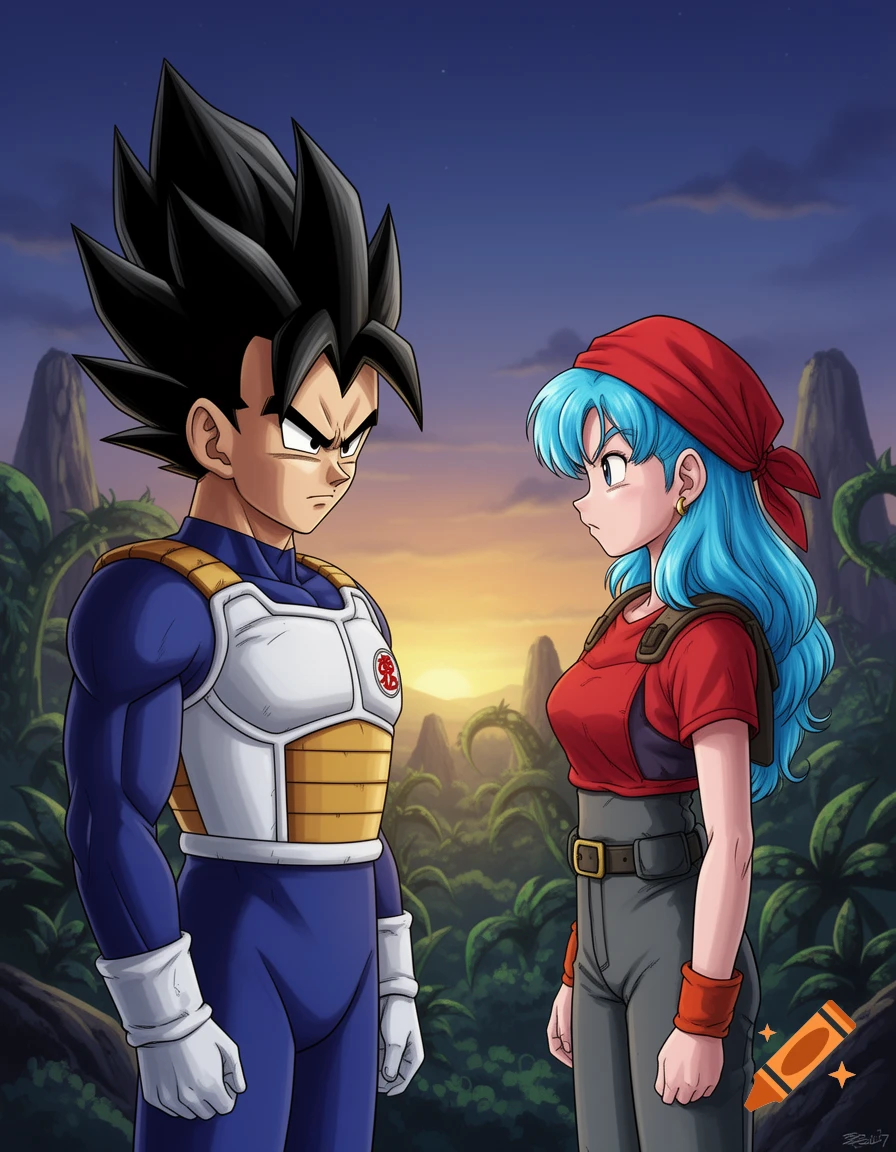 Anime style illustration of Vegeta and Bulma from Dragon Ball, standing and looking at each other skeptically in a jungle at sunset.