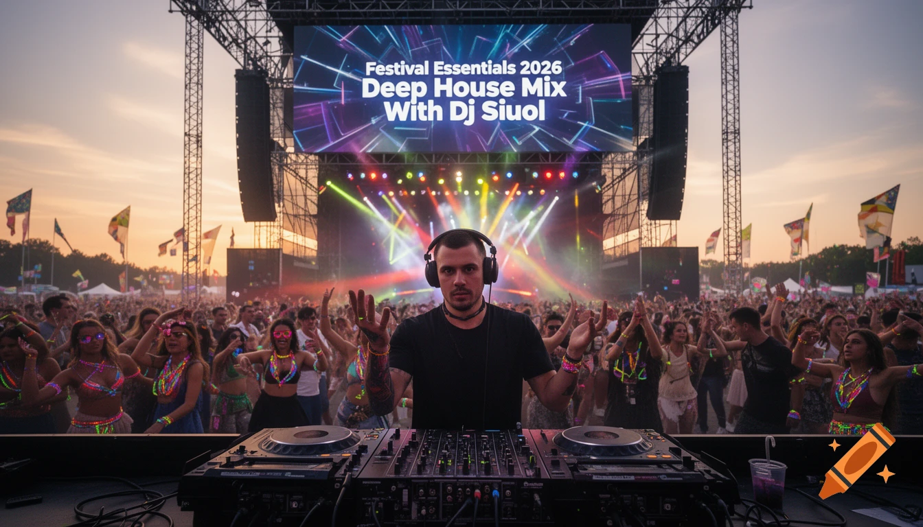 A DJ performs at a large outdoor music festival with a crowd, stage lights, and a screen displaying 'Festival Essentials 2026 Deep House Mix With Dj Siuol'.