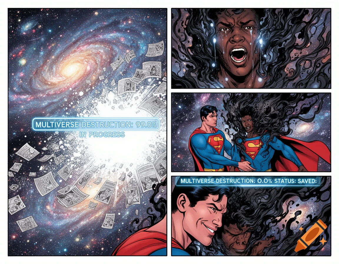 A comic book page with three panels. Superman saves a dark-haired character from multiversal destruction, with a progress bar changing from 99% to 0% status saved.