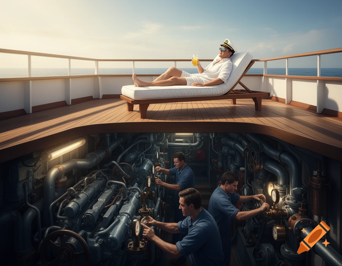 Photorealistic cross-section of a boat, showing a captain relaxing on the top deck and three crew members working in the engine room below.