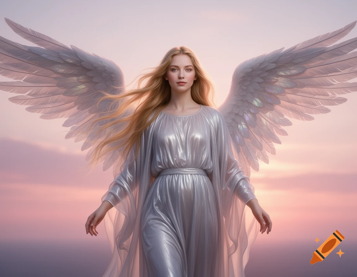 A photorealistic depiction of an angelic woman with long blonde hair, a silver dress, and large white wings, against a pink and purple sunset sky.