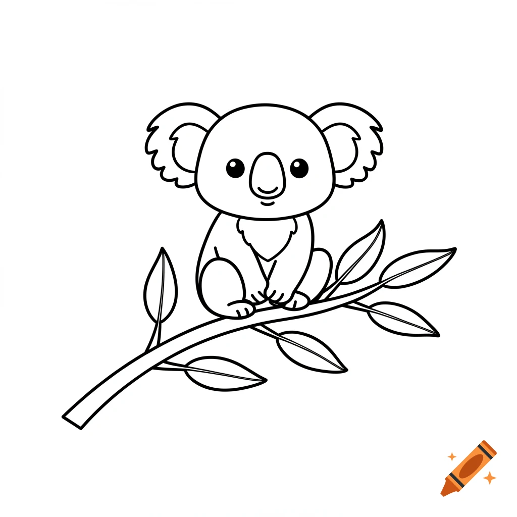 A cute koala sits on a eucalyptus branch in clean, black outline, children's coloring book style.