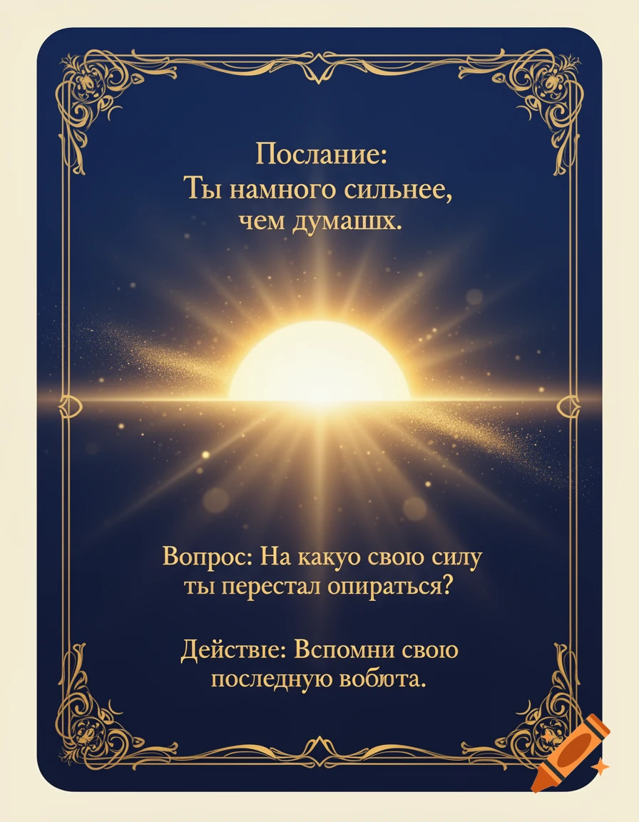 A dark blue oracle card with a gold ornate frame, featuring a bright sun and Russian motivational text.