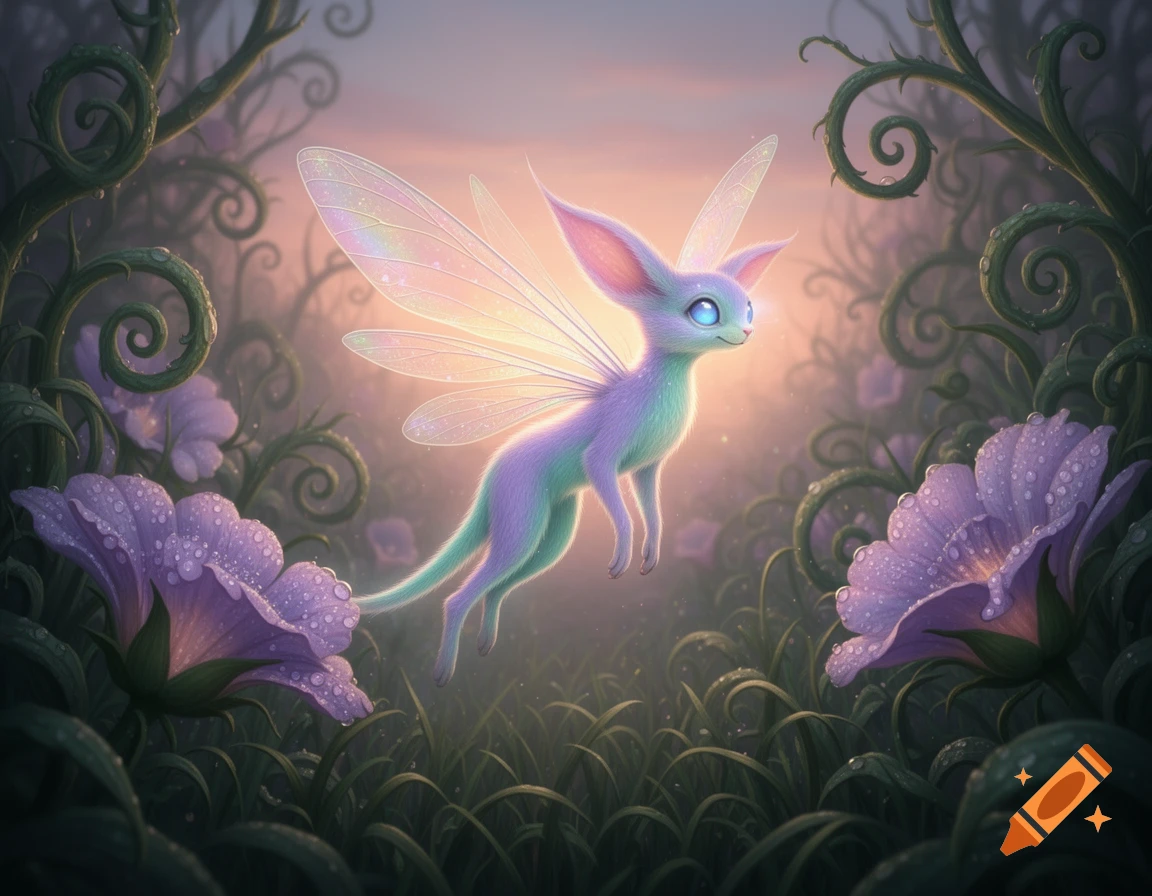 A glowing, purple and green fairy-like creature with large ears and translucent wings floats among dew-covered purple flowers in a mystical forest.