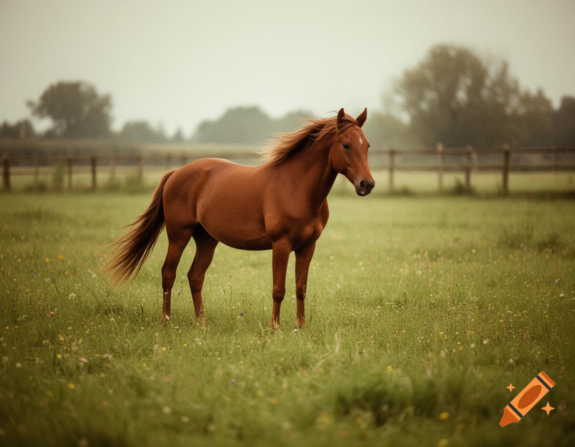 A brown horse with a flowing mane stands in a green grassy field under a misty, overcast sky.