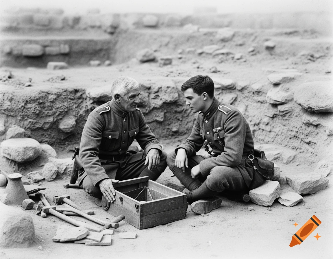 Two WWI-era soldiers, one older with gray hair, the other younger, sit in a black and white photo at an archaeological dig site surrounded by tools.