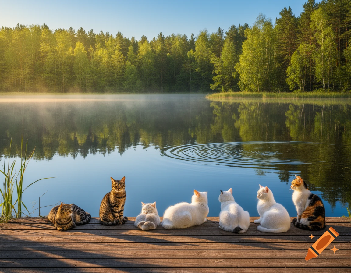 Six cats sit on a wooden dock by a misty lake with a forest background at sunrise, ripples on the water.