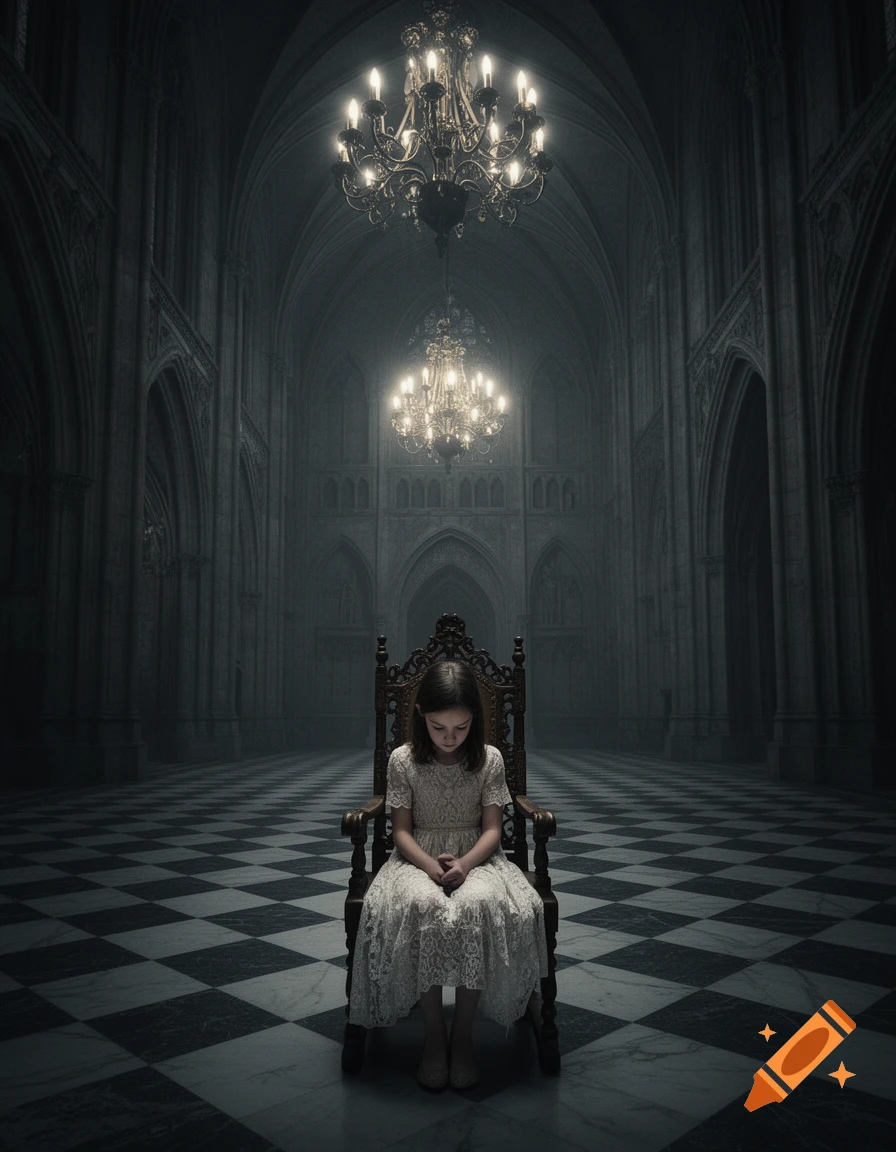 A sad young girl in a white lace dress sits alone on a large wooden chair in a vast, dark gothic cathedral with chandeliers.