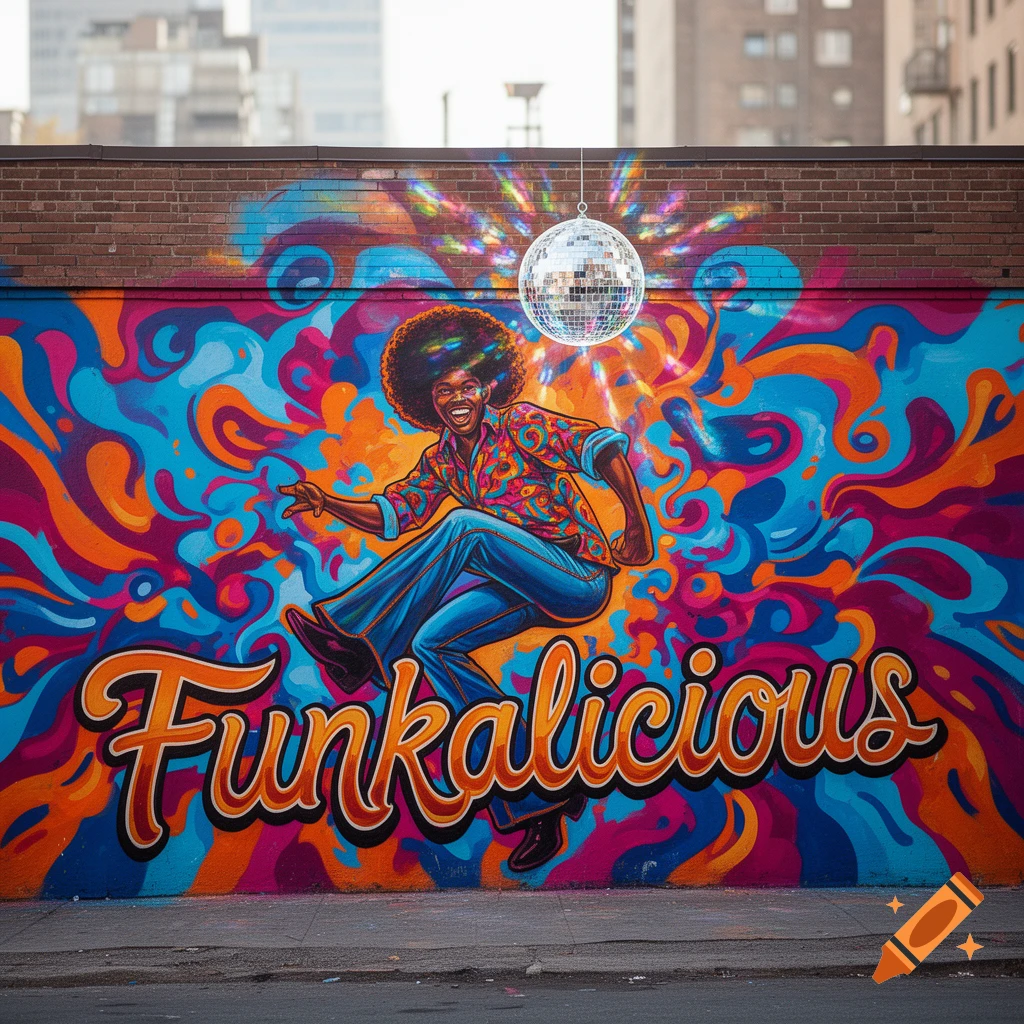 A vibrant mural of a person with an afro dancing against a swirling colorful background, with a disco ball above and "Funkalicious" text below.