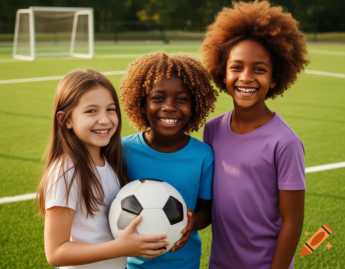 Three smiling children with diverse skin tones and hair, one holding a soccer ball, stand on a green soccer field with a goal in the background.