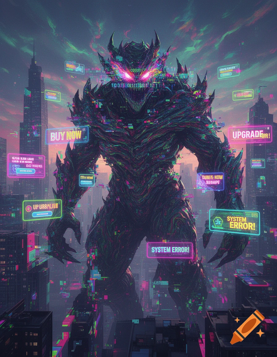 A giant, glitching, dark monster with glowing pink eyes stands over a city at dusk, surrounded by neon pop-up ads and error messages.