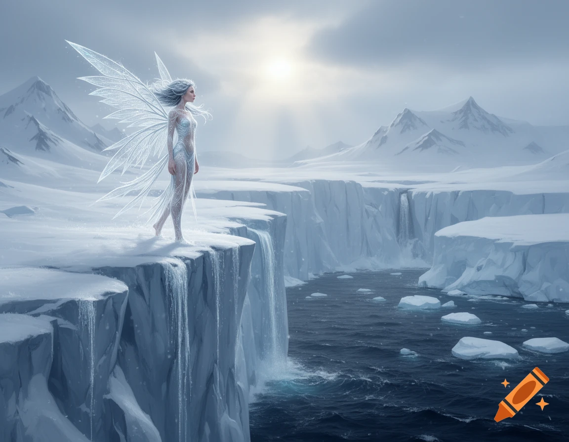 An ice fairy with crystalline wings stands on a snowy cliff edge overlooking a frigid glacial landscape with a waterfall and mountains under a bright sky.