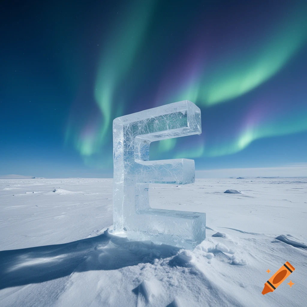 A large, clear ice sculpture of the letter E stands in a snowy arctic landscape under a vibrant green and purple aurora borealis.