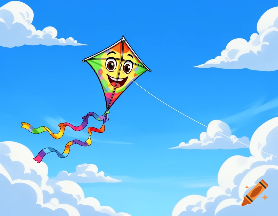 A happy, colorful cartoon kite with a smiling face flies in a bright blue sky with white clouds.