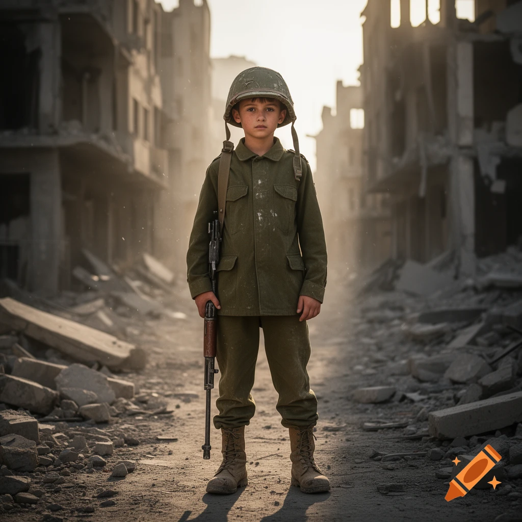 Young boy in a military uniform and helmet, holding a rifle, stands in a desolate, rubble-strewn street amidst destroyed buildings, photorealistic.