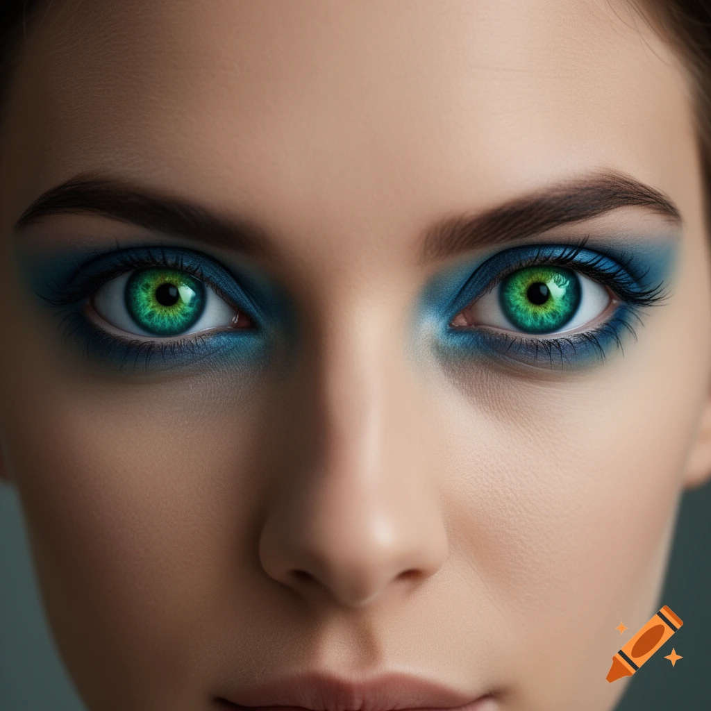 Close-up photorealistic portrait of a woman with striking bright green eyes and vibrant blue eyeshadow.