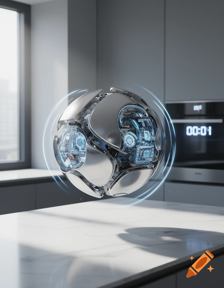 A futuristic metallic sphere with glowing blue circuitry floats above a white marble counter in a modern kitchen.