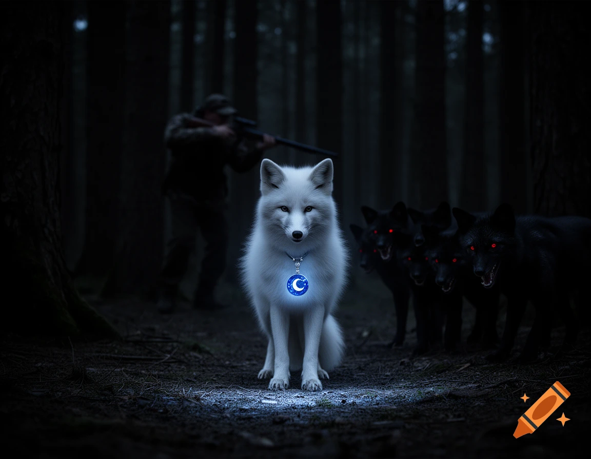 A glowing white fox with a blue moon pendant faces a hunter aiming a rifle and black foxes with red eyes in a dark forest.