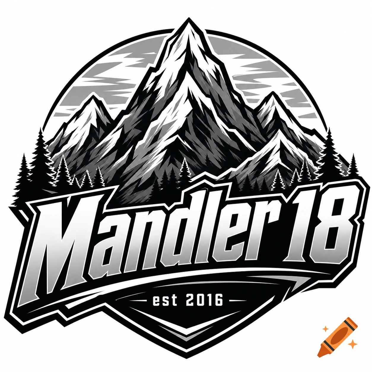 A black and white logo featuring stylized mountains and pine trees, with the text "Mandler18" prominently displayed and "est 2016" below, set within a shield-like frame.