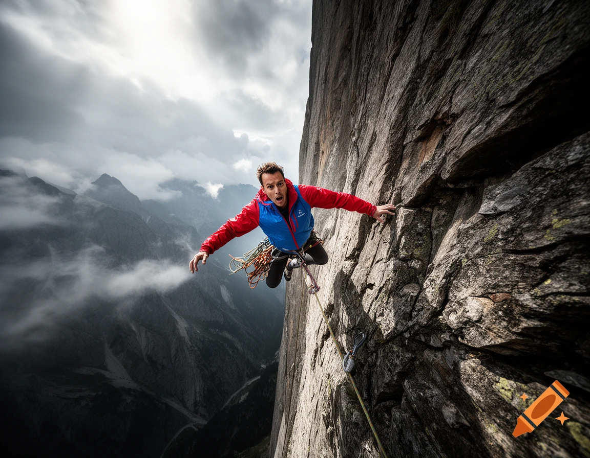 A male climber in a red and blue jacket hangs precariously off a sheer rock face, looking down into a cloudy mountain valley, photorealistic.