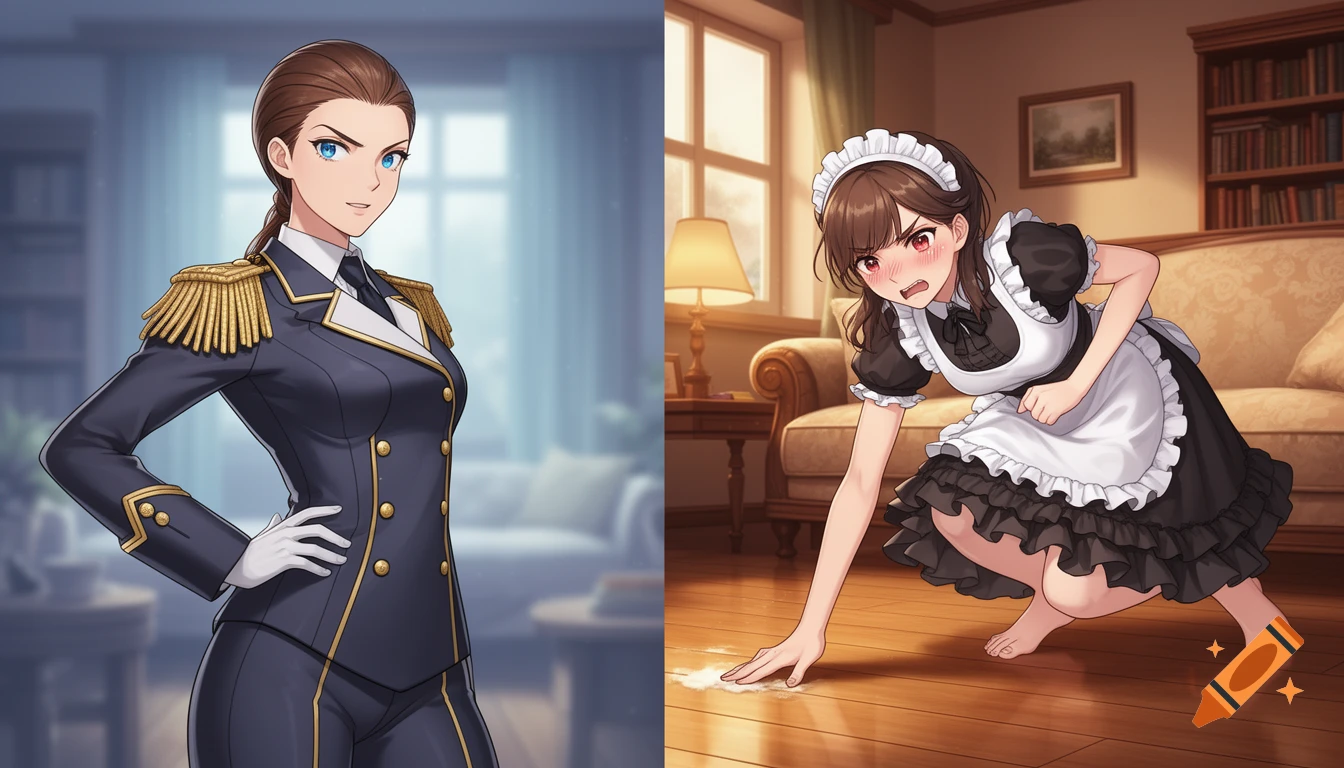 Two anime panels. Left: A woman in a military uniform. Right: The same woman in a maid outfit, embarrassed while cleaning the floor.