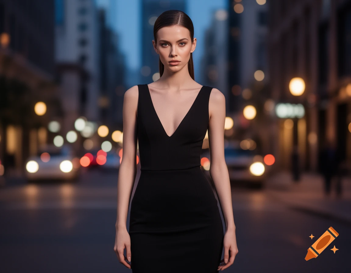A young woman with dark hair in a sleek black V-neck dress stands in the middle of a blurred city street at night, looking directly at the viewer.