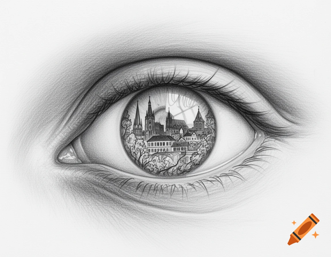 Detailed pencil drawing of a human eye, reflecting a cityscape with spires and buildings within its iris.