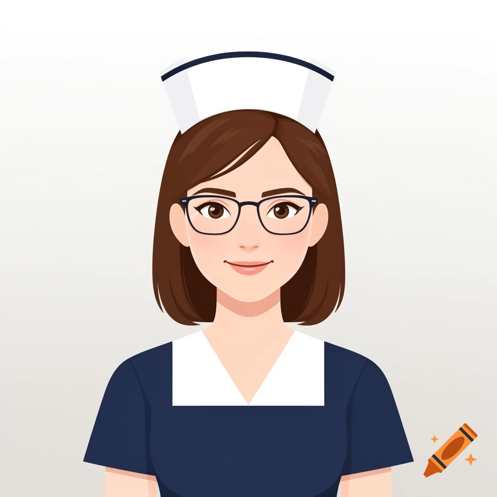 A digital illustration of a friendly, professional female nurse with brown hair and glasses, wearing a dark blue uniform and white cap.
