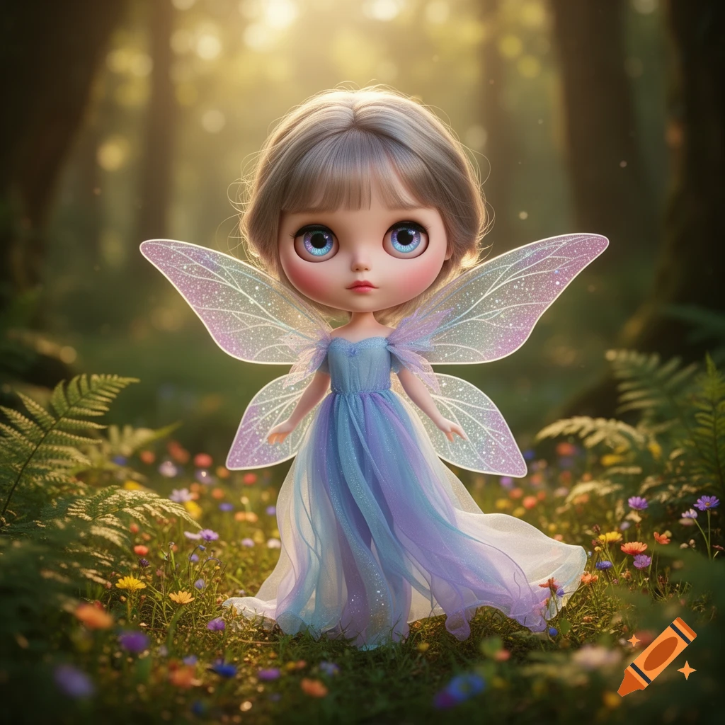 A cute Blythe doll-style fairy with large blue eyes and shimmery wings stands in a sunlit enchanted forest with wildflowers.