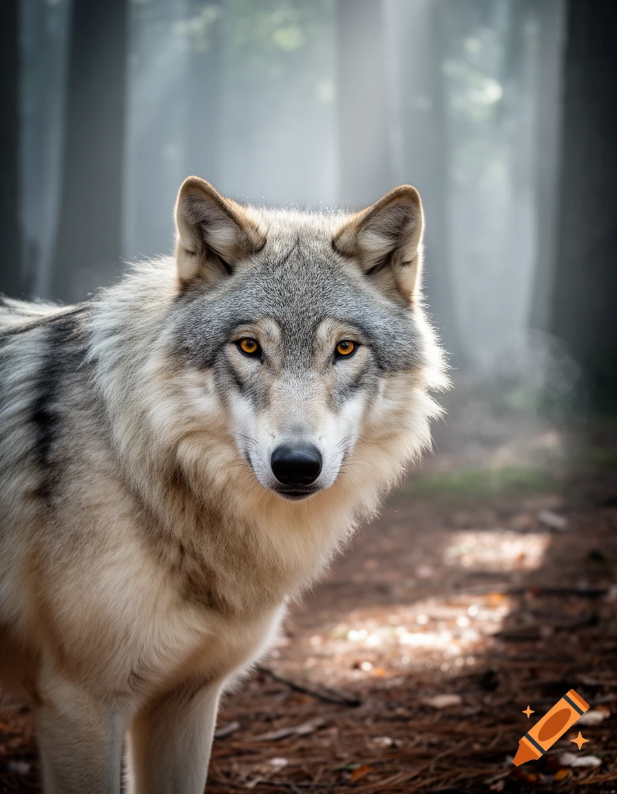 A close-up, photorealistic portrait of a grey wolf with amber eyes looking directly forward in a misty forest.