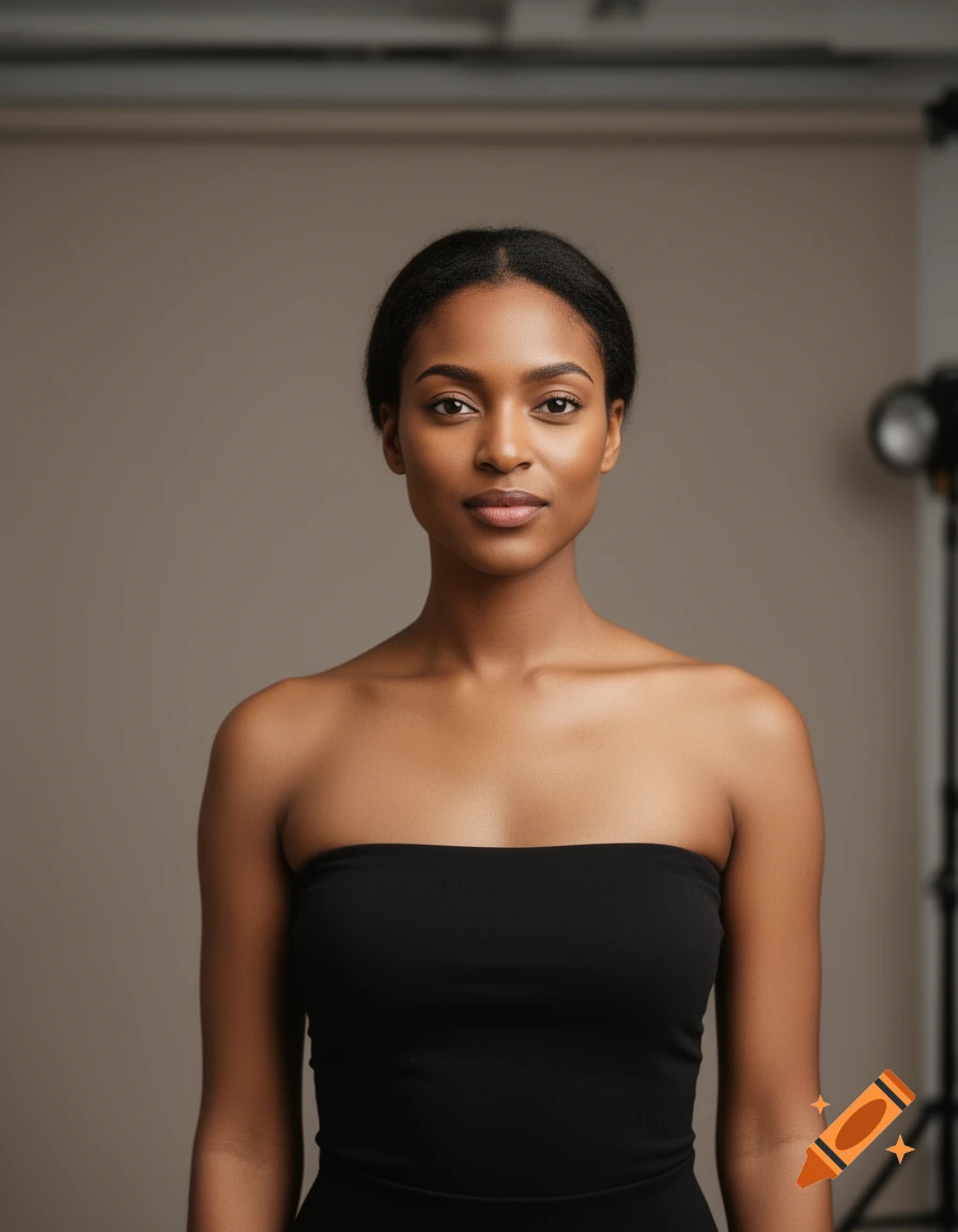 A young Black woman with dark hair in a black strapless top looks directly at the camera in a studio. Photorealistic style.