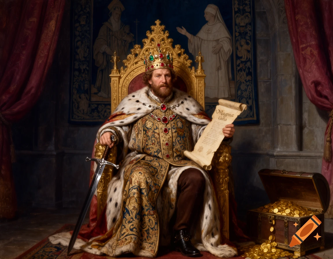 A regal, bearded king in royal robes sits on a golden throne, holding a 'Magna Carta' scroll and a sword, with a chest of gold coins.
