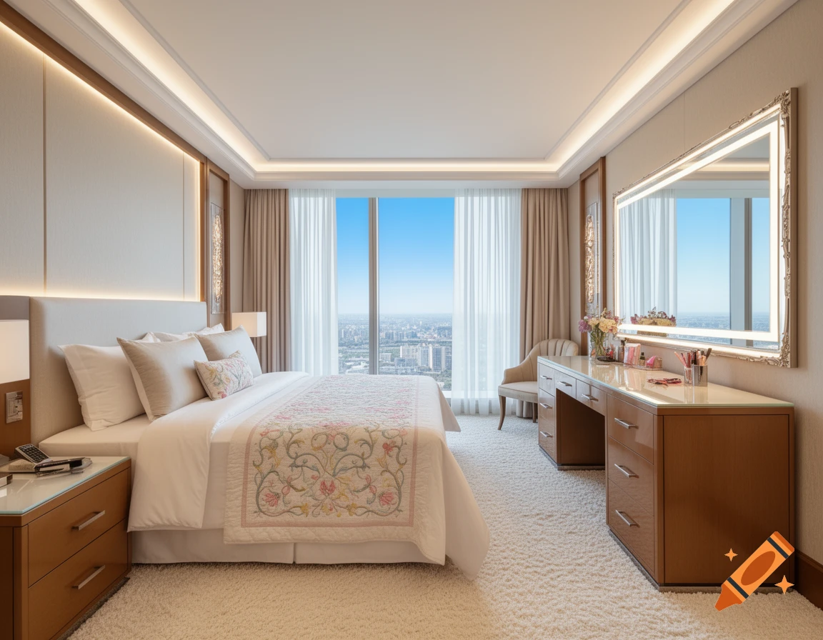 Luxurious hotel bedroom with a large bed, a vanity desk with a mirror, and a city view from the window.