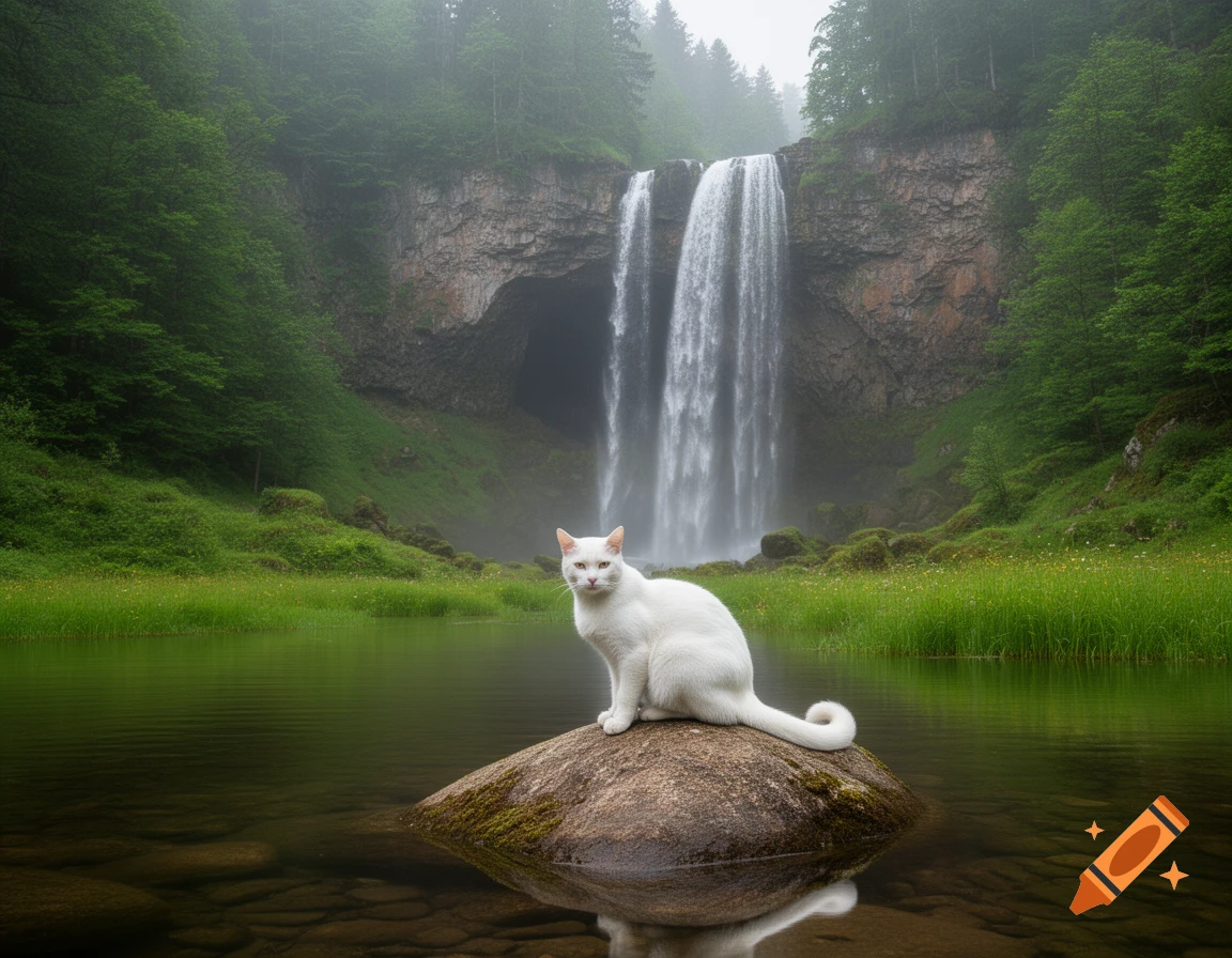 A white cat sits on a mossy rock in a tranquil lake, with a large waterfall and lush green forest in the background, photorealistic style.