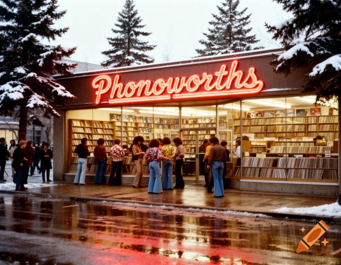 A vintage photo of people outside a Phonoworths record store on a snowy street in 1970s Canada.