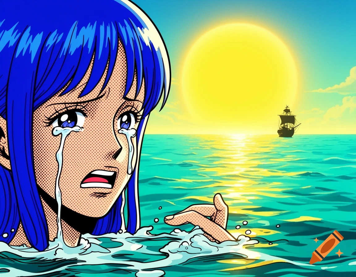 A crying blue-haired anime girl in the ocean with a hand reaching out, in a pop art style, with a pirate ship and a glowing yellow sun on the horizon.
