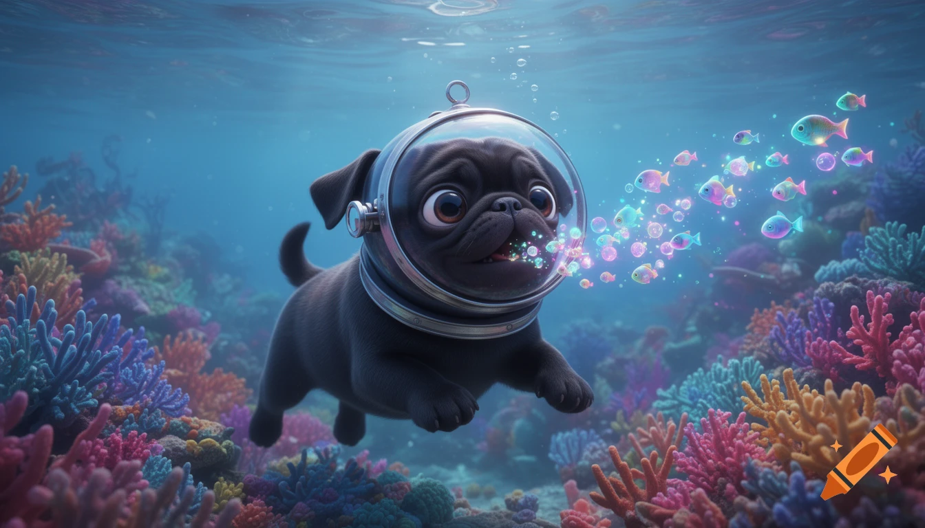 A whimsical 3D digital art image of a black pug puppy in a diving helmet underwater, blowing glowing fish bubbles among a vibrant coral reef.