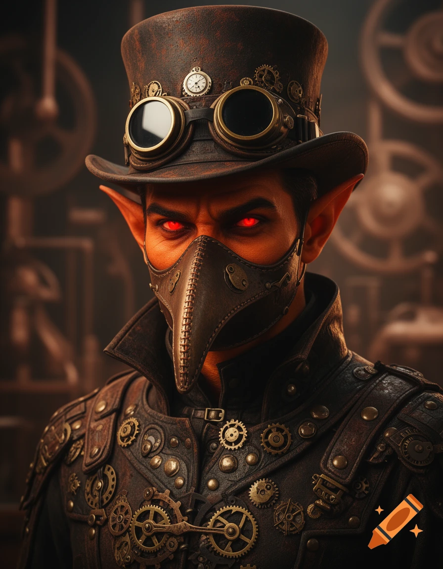 Photorealistic portrait of a male Tiefling with dark orange skin, red eyes, pointed ears, wearing a steampunk plague doctor mask, top hat, and gear-adorned coat.