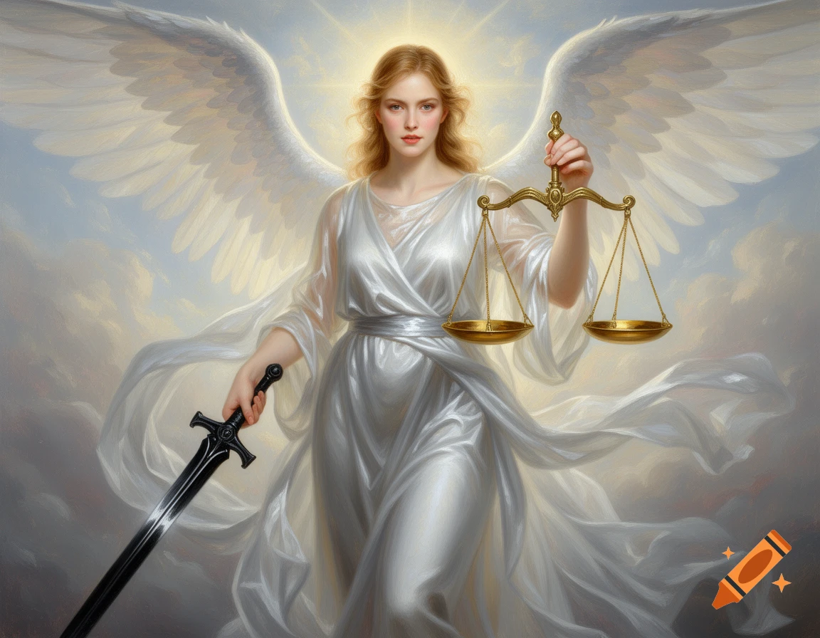An oil painting of a female angel with large white wings, holding golden scales and a black sword.