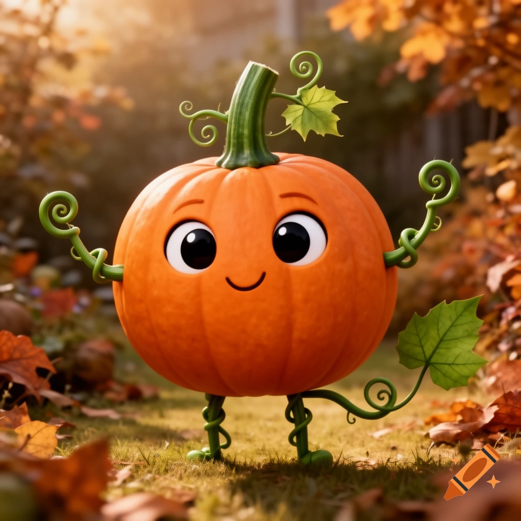 A friendly, anthropomorphic pumpkin with vine limbs and big black eyes stands in an autumn garden with fallen leaves. Cartoon style.