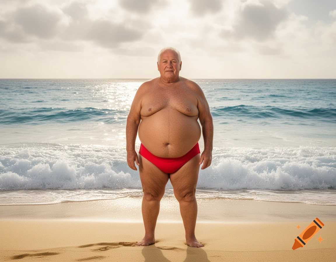 A portly, elderly man in red swim briefs stands on a sandy beach with the ocean and a cloudy sky in the background.