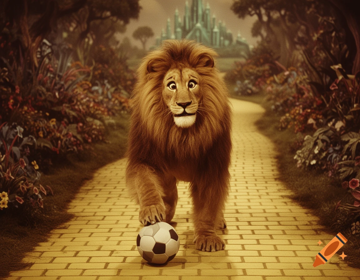 A vintage film photo of the Cowardly Lion on the Yellow Brick Road, with his paw on a soccer ball, Emerald City in the distance.