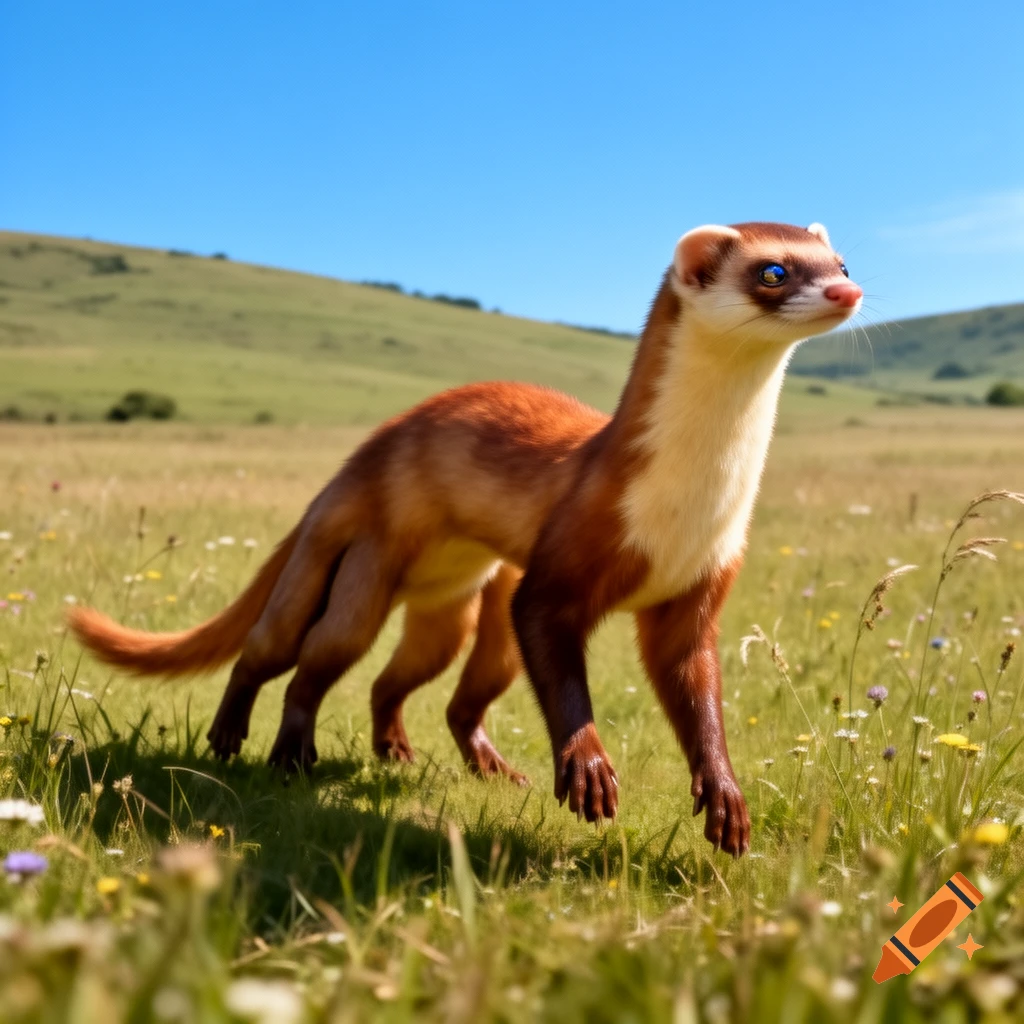 A ferret-like creature with multiple legs stands in a grassy field with wildflowers under a clear blue sky, in a photorealistic style.