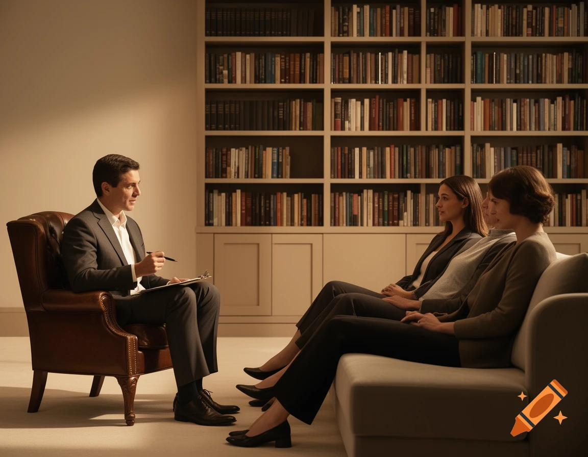 A psychologist with a clipboard talks to two female patients sitting on a couch in a professional office with a large bookshelf.