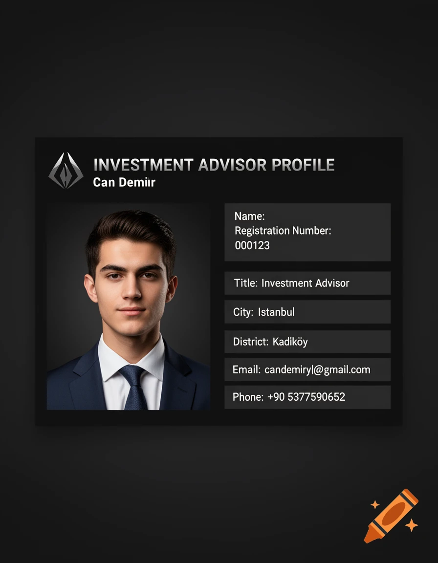 Professional dark-themed investment advisor profile card with a photo of a young man in a suit, displaying personal and contact information.