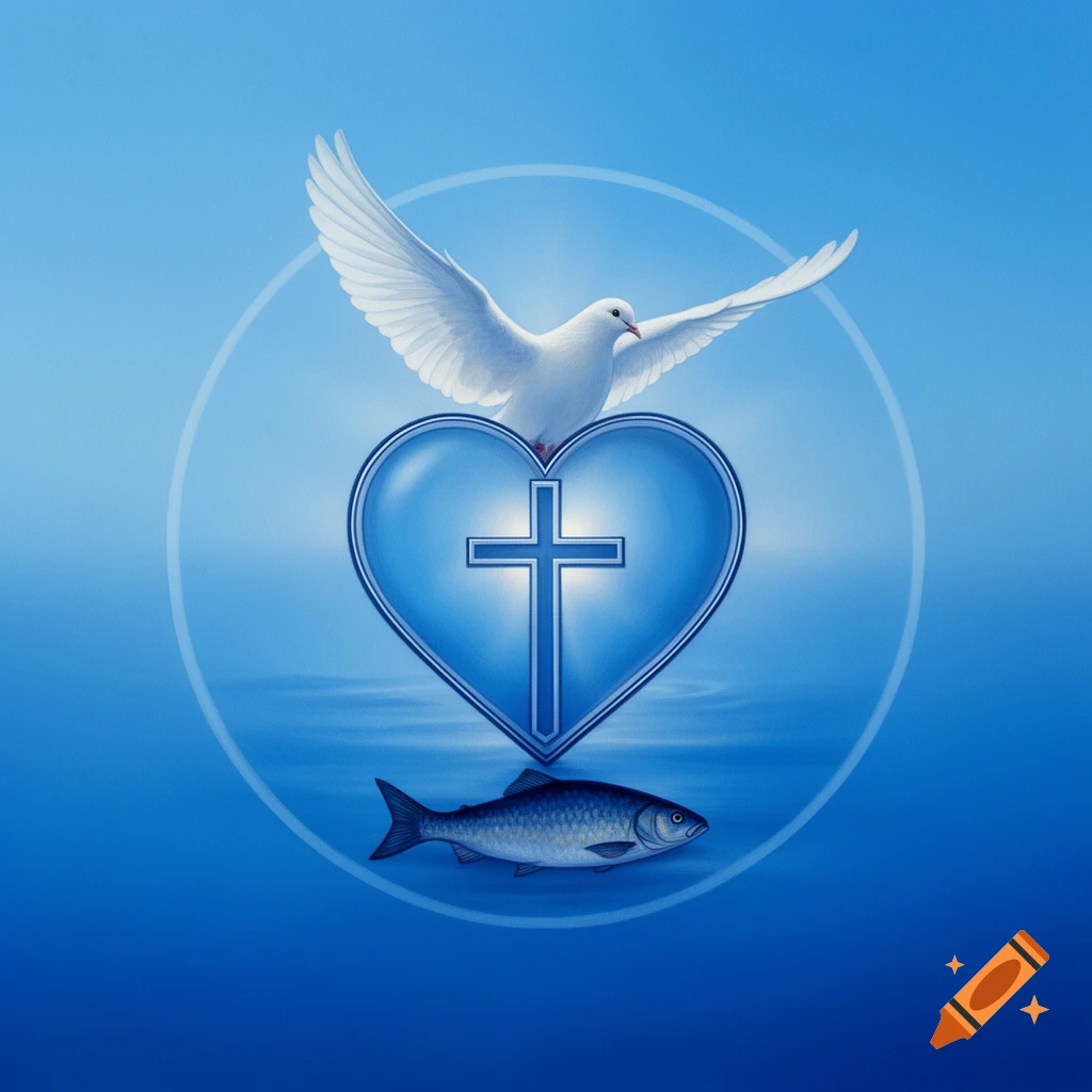 A white dove flies above a blue heart with a glowing cross, with a fish swimming below, all within a subtle circle on a blue background.