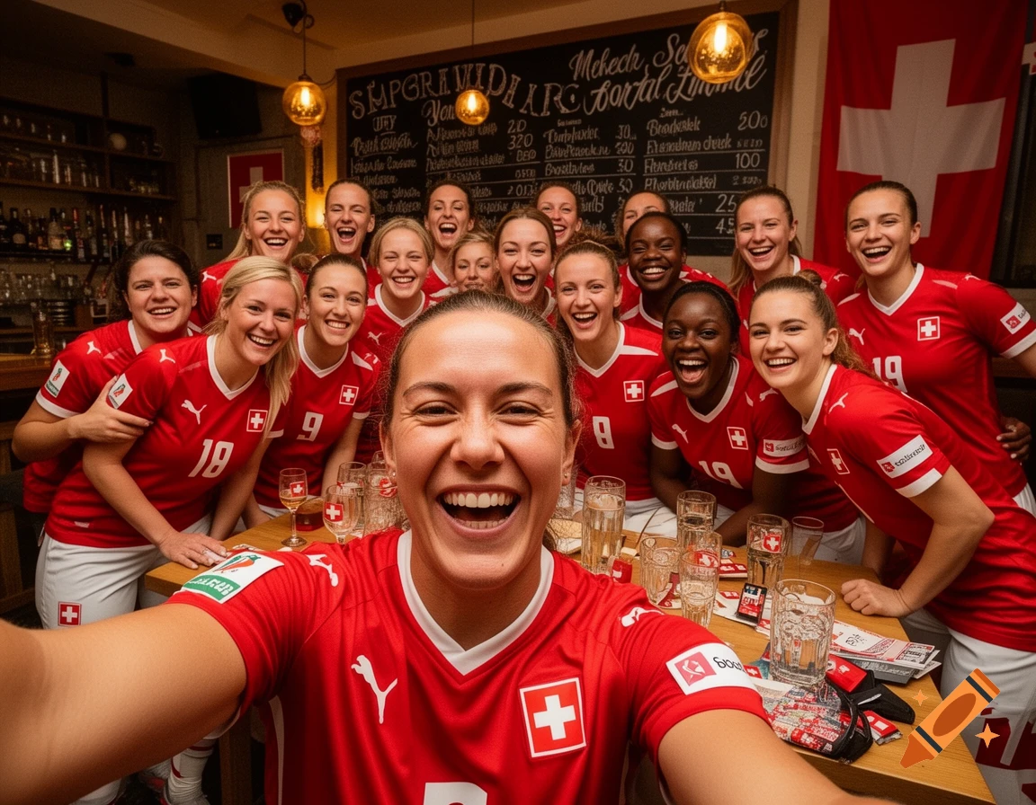 A selfie of a group of joyful women in red Swiss soccer jerseys, celebrating at a bar with drinks and a Swiss flag.